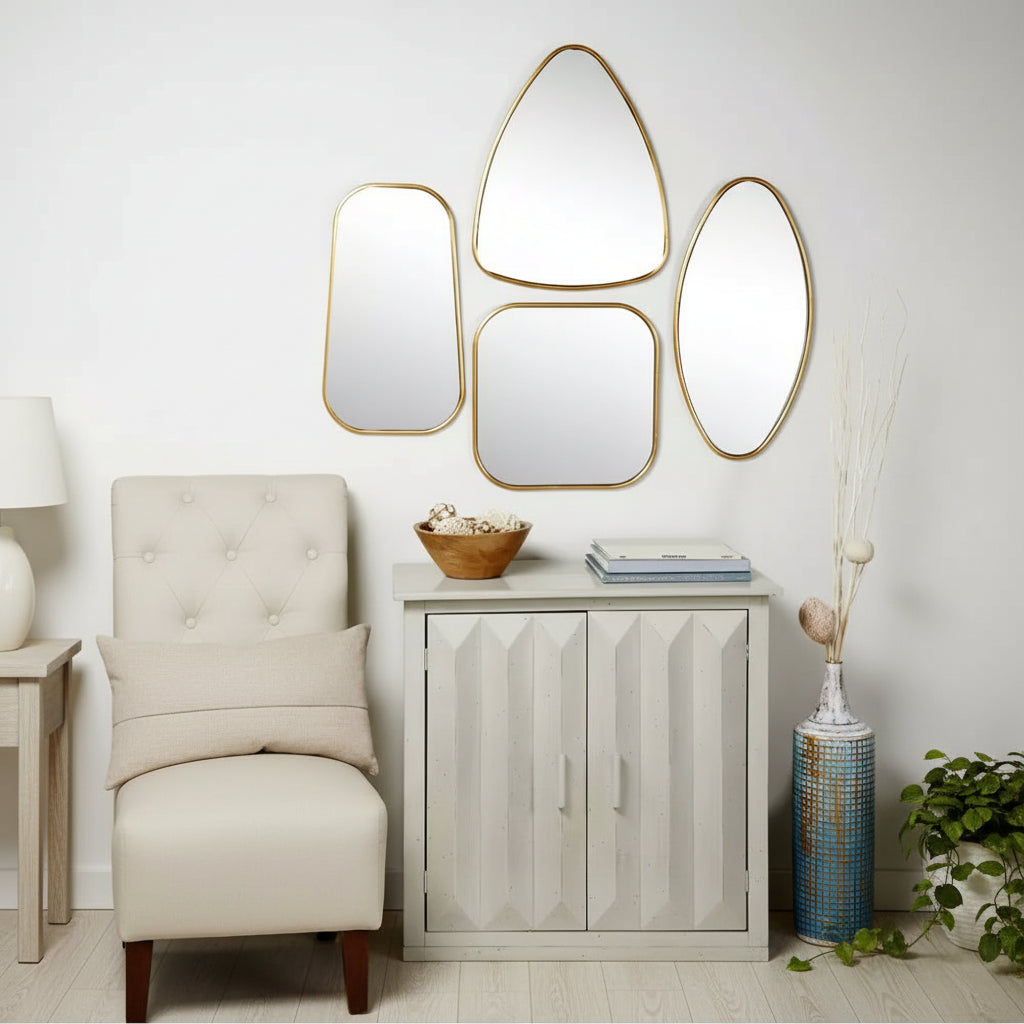 Wood Wall Mirror with Varying Shapes Gold: Modern Iron Frame, Wall Mount, No Assembly Required