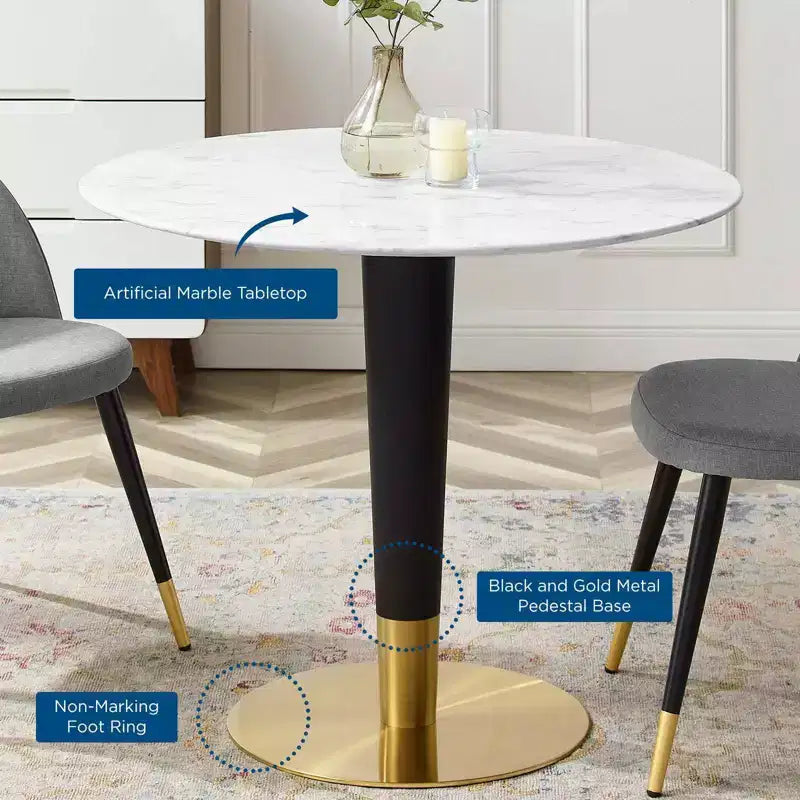 Tavolo da pranzo 36" in marmo artificiale oro/bianco: moderno di metà secolo, non allungabile, base in metallo