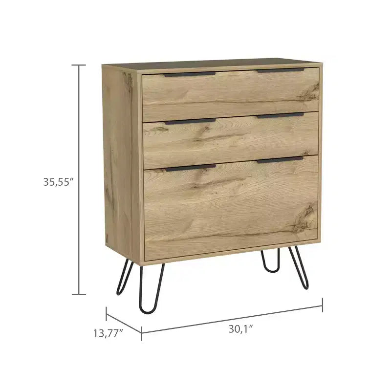 Cassettiera Quercia Chiaro: Gambe in Metallo, Laminato in Legno, Design Salvaspazio, Altezza 91 cm