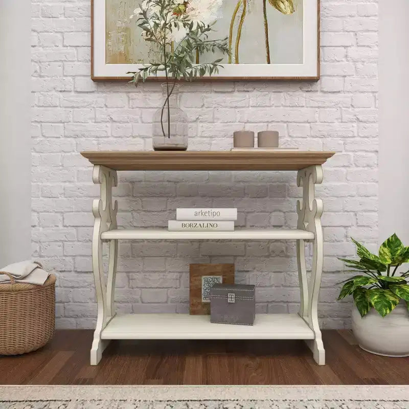 Consolle rustica in legno color bianco sporco: Design a 2 ripiani, Profilo alto