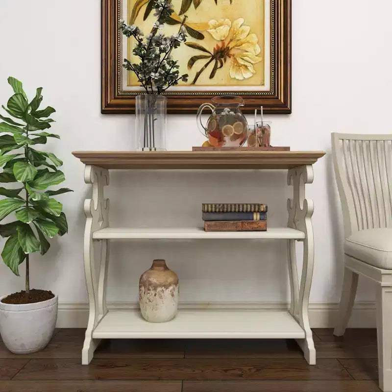Consolle rustica in legno color bianco sporco: Design a 2 ripiani, Profilo alto