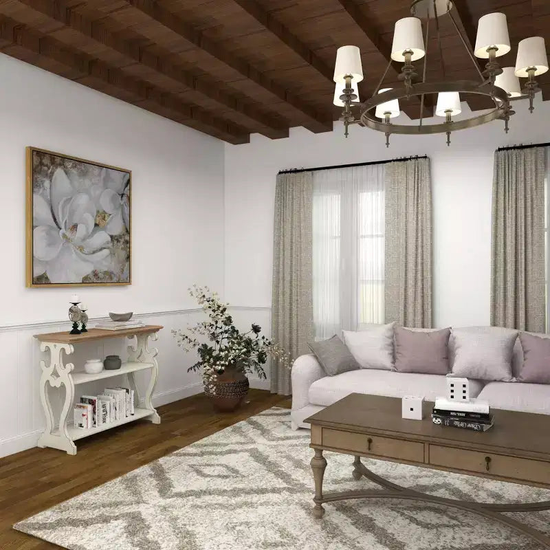 Consolle rustica in legno color bianco sporco: Design a 2 ripiani, Profilo alto
