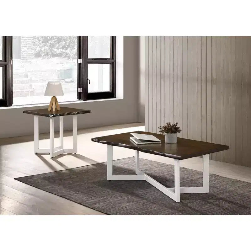 Set Tavolino da Caffè e Tavolino d'Appoggio Quercia: Stile Transizionale, Bordo Naturale, Base in Metallo