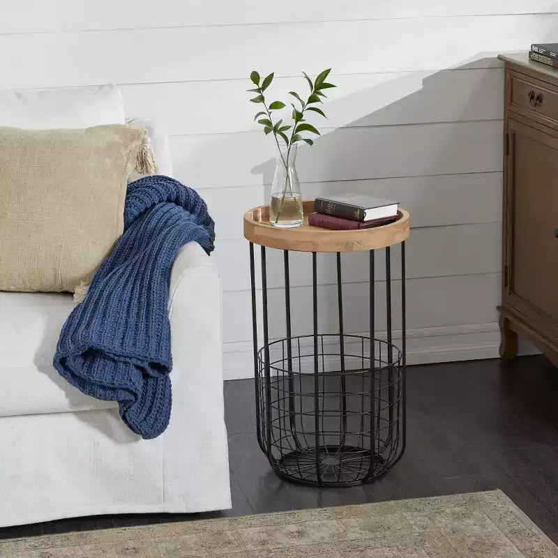 Industrial Metal Accent Table Black: Round Iron Side Table, No Assembly Required