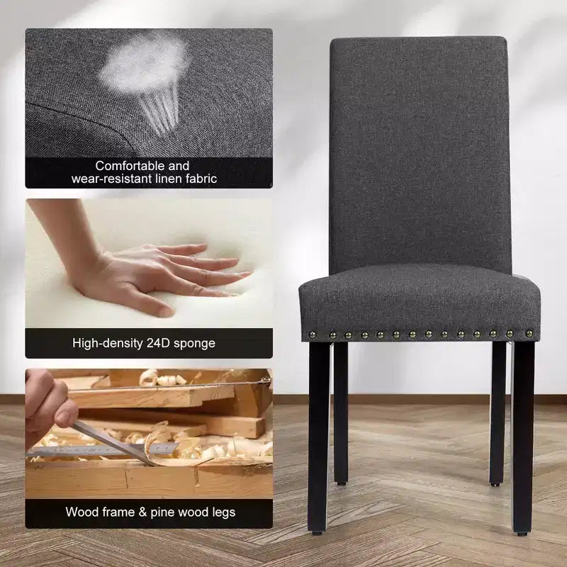 Sedie da pranzo in tessuto imbottite con borchie decorative