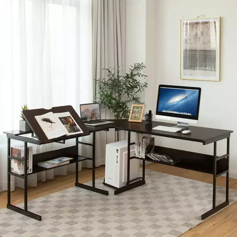Scrivania angolare per computer e tavolo da disegno con piano inclinabile