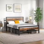 Struttura Letto a Piattaforma Industriale in Metallo Matrimoniale/Queen Testiera Rustica con Base per Materasso