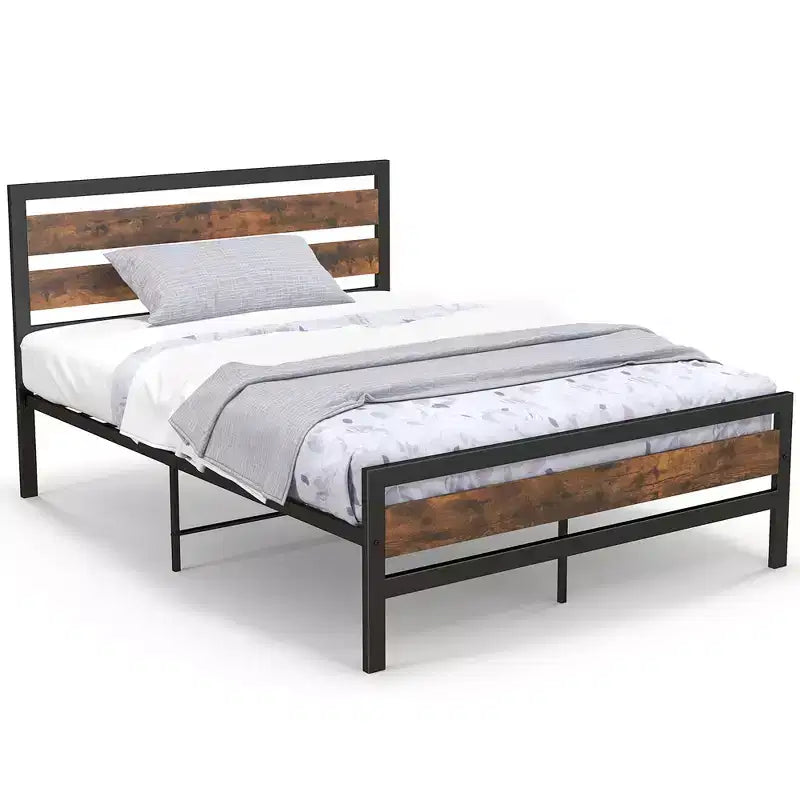 Struttura Letto a Piattaforma Industriale in Metallo Matrimoniale/Queen Testiera Rustica con Base per Materasso