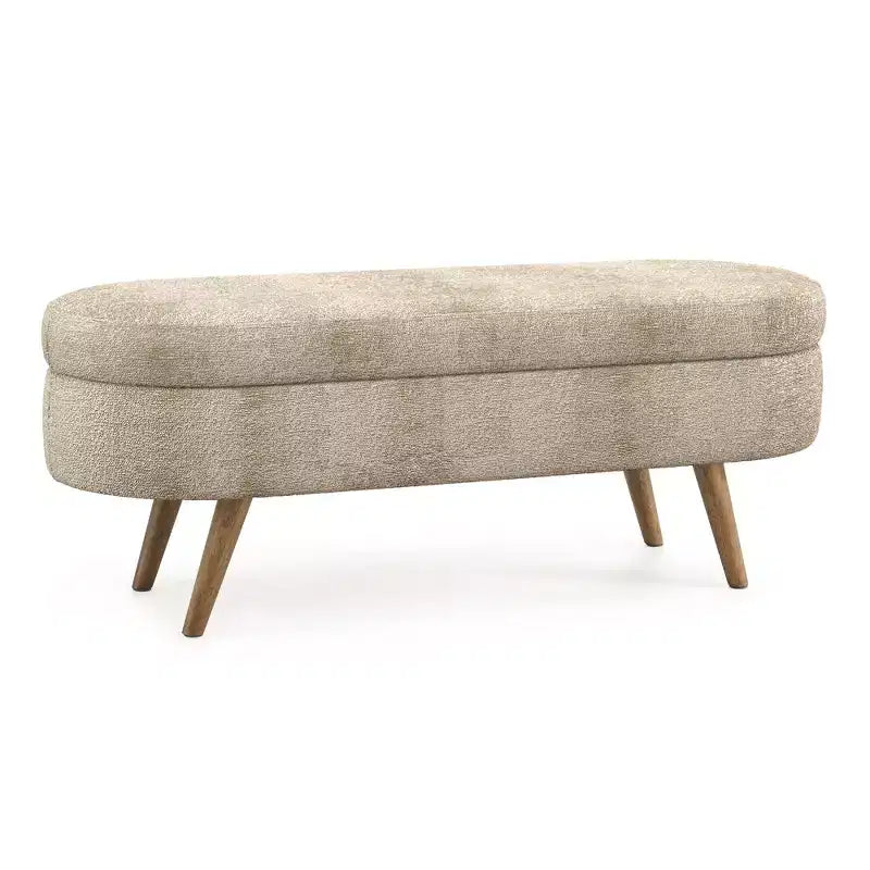 Panca Contenitore Ovale con Gambe in Legno di Hevea, Moderno Pouf Trapuntato