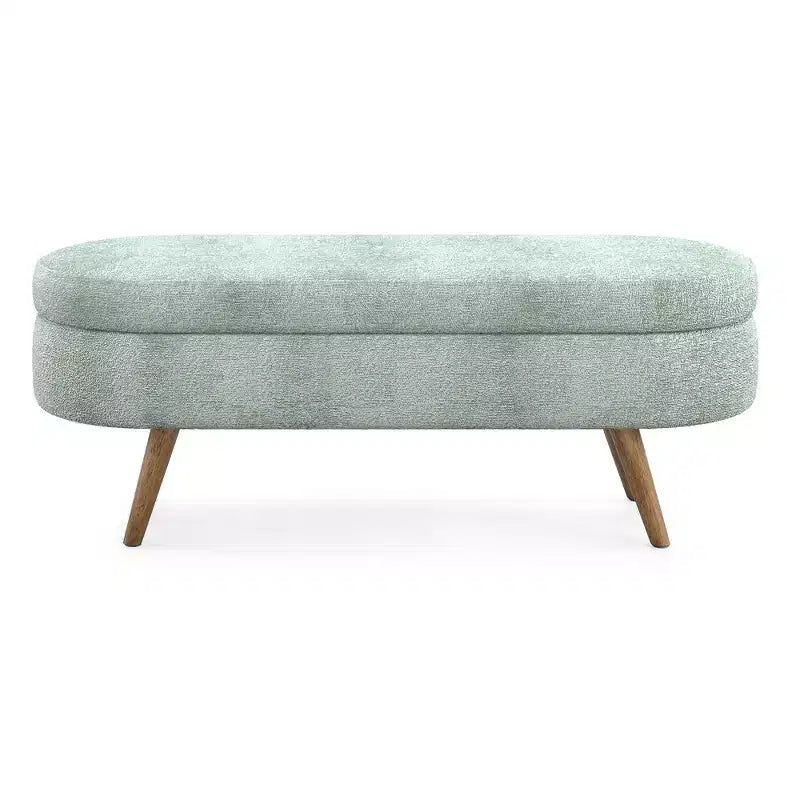 Panca Contenitore Ovale con Gambe in Legno di Hevea, Moderno Pouf Trapuntato