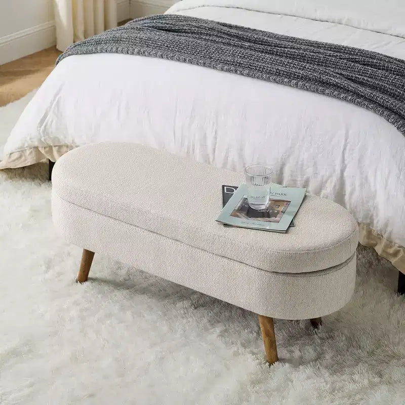 Panca Contenitore Ovale con Gambe in Legno di Hevea, Moderno Pouf Trapuntato