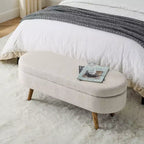 Panca Contenitore Ovale con Gambe in Legno di Hevea, Moderno Pouf Trapuntato
