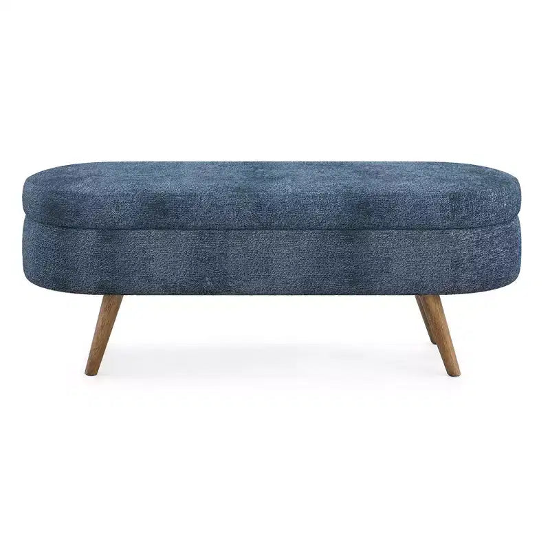 Panca Contenitore Ovale con Gambe in Legno di Hevea, Moderno Pouf Trapuntato