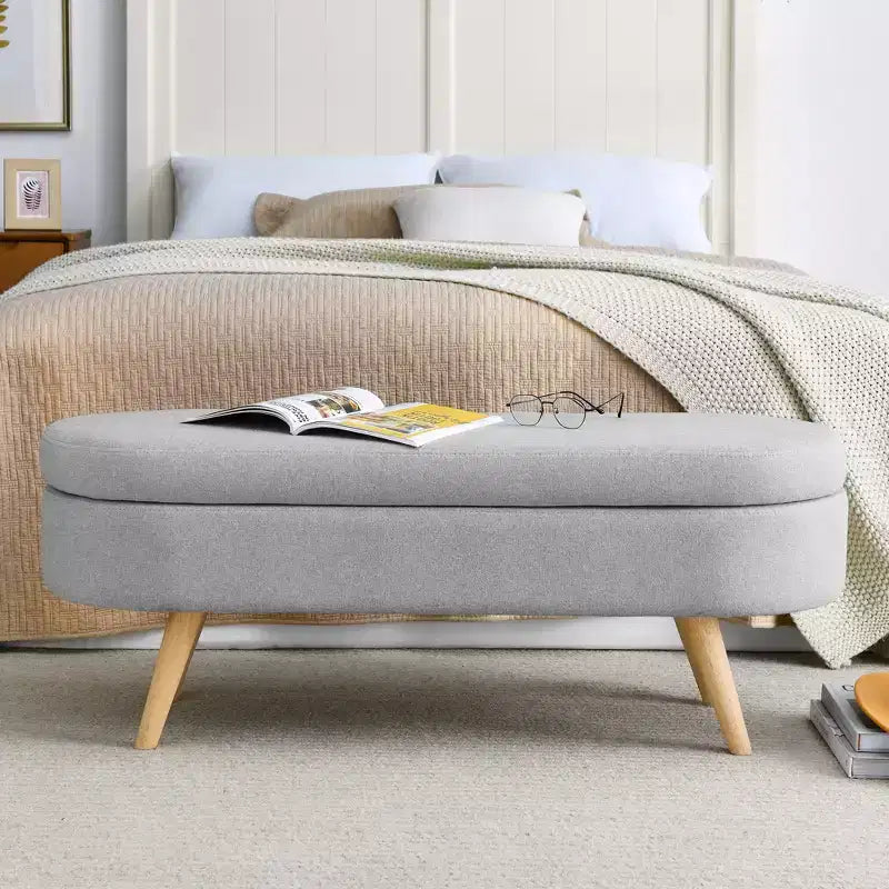 Panca Contenitore Ovale con Gambe in Legno di Hevea, Moderno Pouf Trapuntato