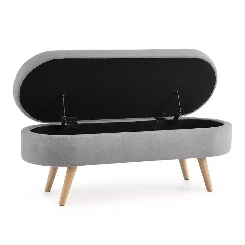 Panca Contenitore Ovale con Gambe in Legno di Hevea, Moderno Pouf Trapuntato
