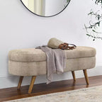 Panca Contenitore Ovale con Gambe in Legno di Hevea, Moderno Pouf Trapuntato