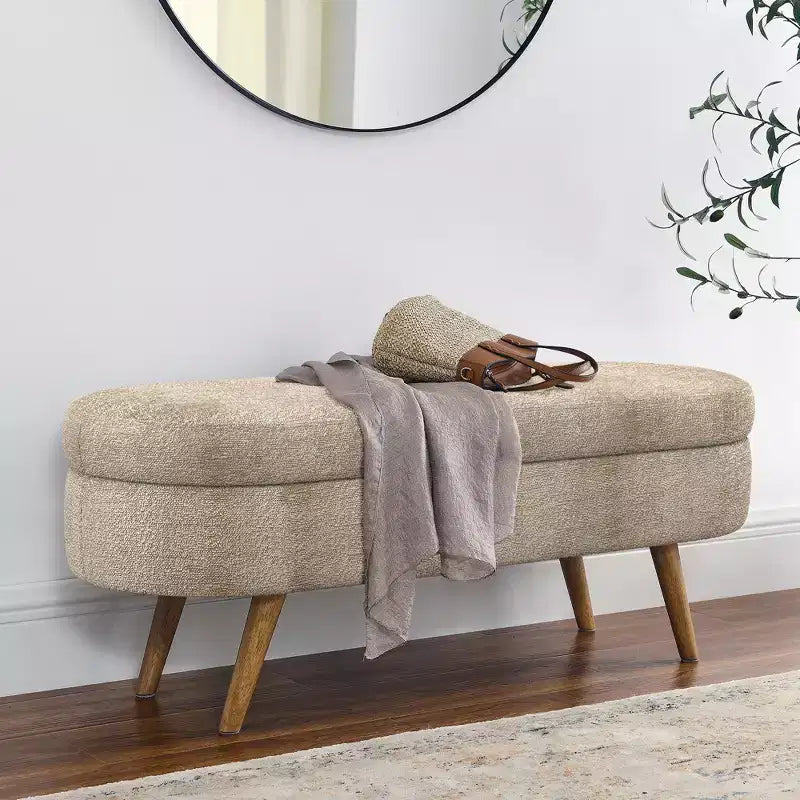 Panca Contenitore Ovale con Gambe in Legno di Hevea, Moderno Pouf Trapuntato
