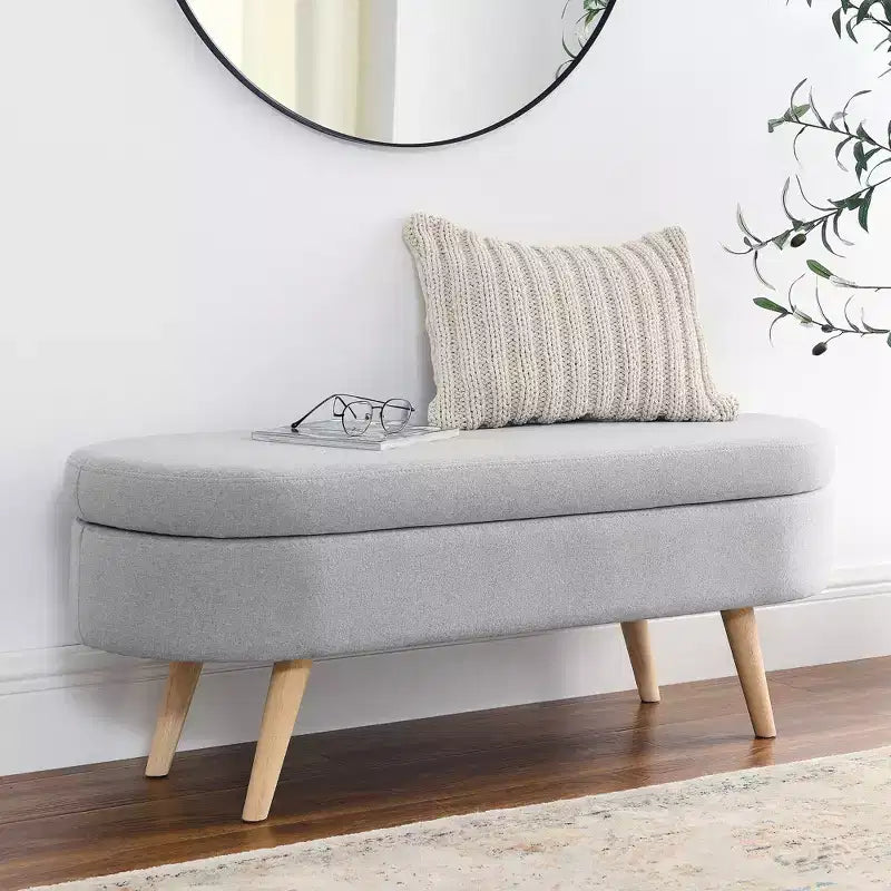 Panca Contenitore Ovale con Gambe in Legno di Hevea, Moderno Pouf Trapuntato