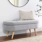 Panca Contenitore Ovale con Gambe in Legno di Hevea, Moderno Pouf Trapuntato