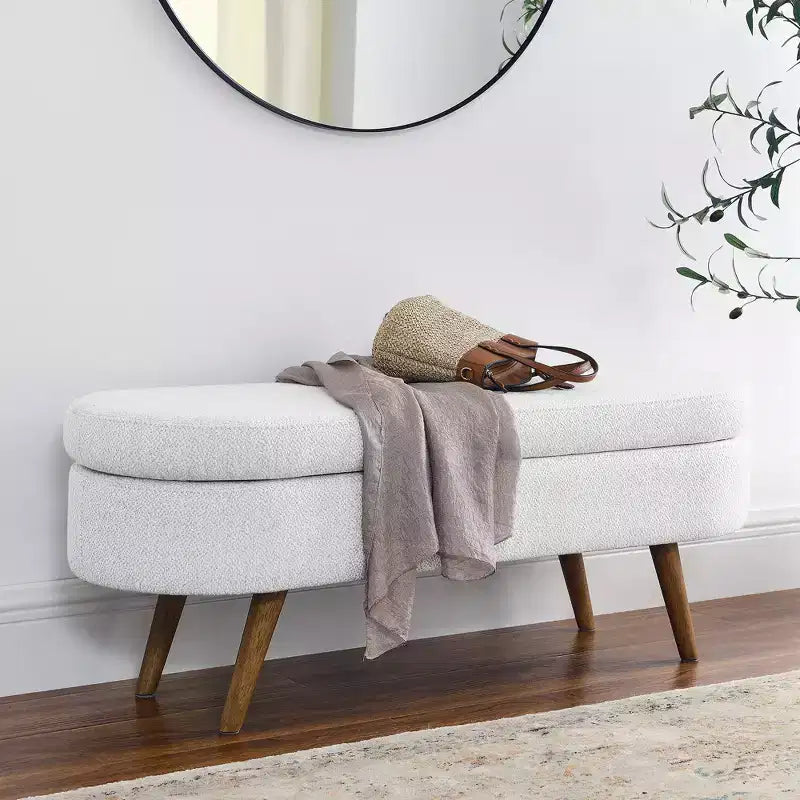 Panca Contenitore Ovale con Gambe in Legno di Hevea, Moderno Pouf Trapuntato