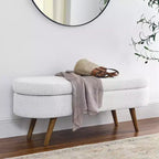 Panca Contenitore Ovale con Gambe in Legno di Hevea, Moderno Pouf Trapuntato