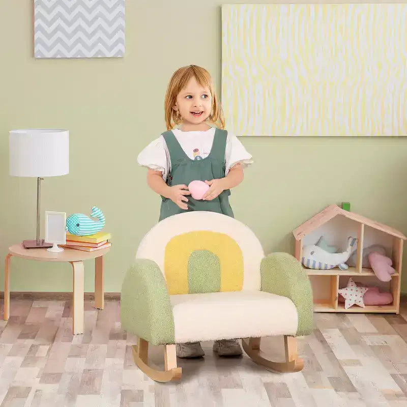 Divano per bambini, poltrona a dondolo per bambini con struttura in legno massiccio, tessuto in finto pile di agnello per cameretta, asilo nido, sala giochi, camera da letto